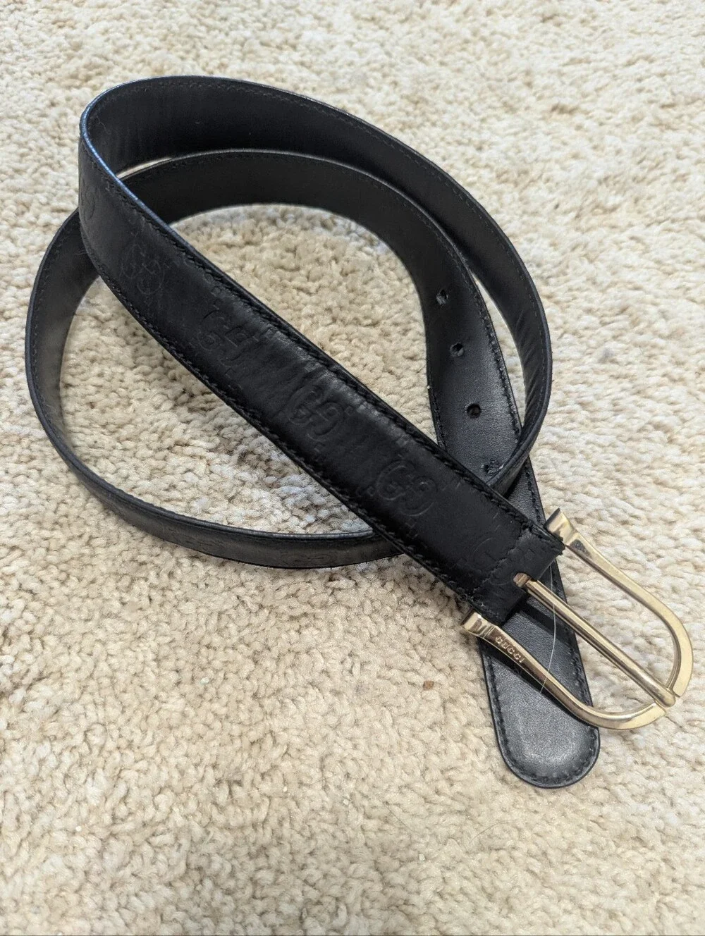 Gucci Black Leather Embossed Interlocking G Belt with Gold Buckle